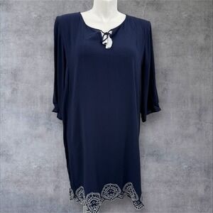 Chico's Embroidered Hem Dress Navy Blue‎ Size 3